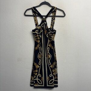Cache Mini‎ Dress Rope Print XS Halter Gold Navy Blue